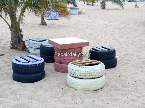 old tire seats and table