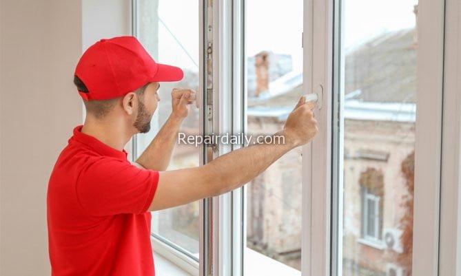 man cleaning window