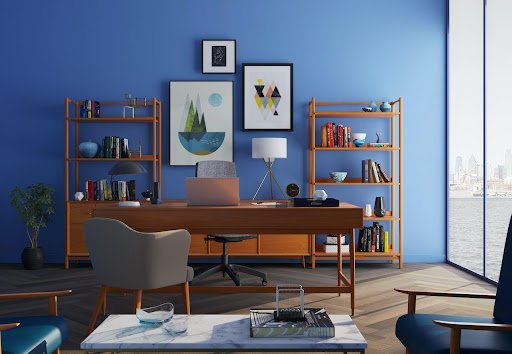blue background home office functional home